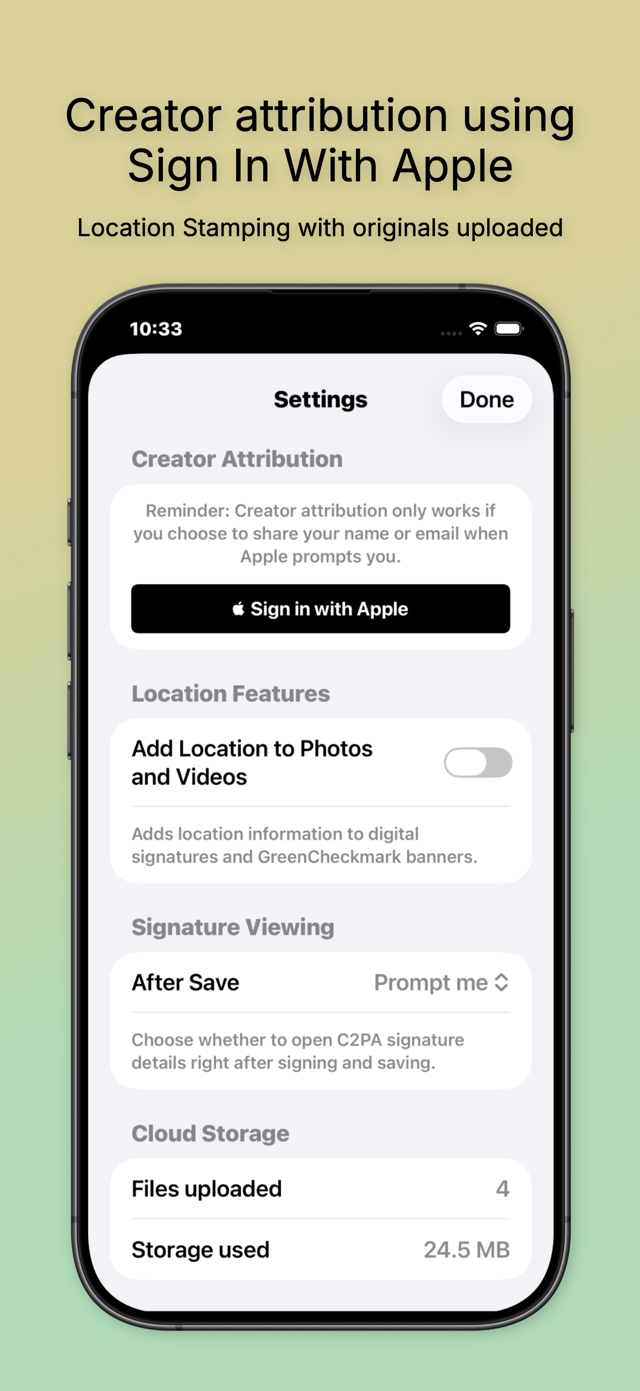 Settings: optional creator attribution and location tagging